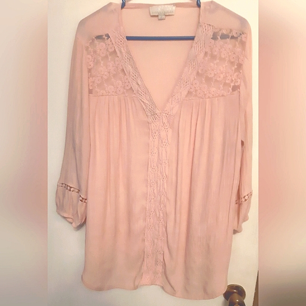 Carolyn Taylor Pink 3/4 Sleeve Peasant Top With Crochet Lace Detail - 1X